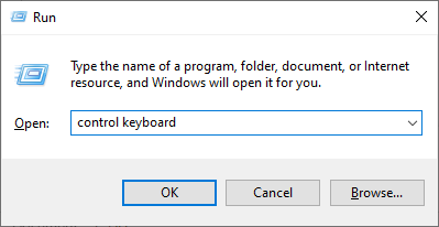 Windows 'Run' dialog box searching for 'control keyboard'