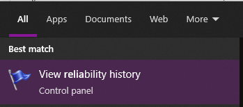 Windows 10 start menu showing search for 'View reliability history' to open Reliability Monitor