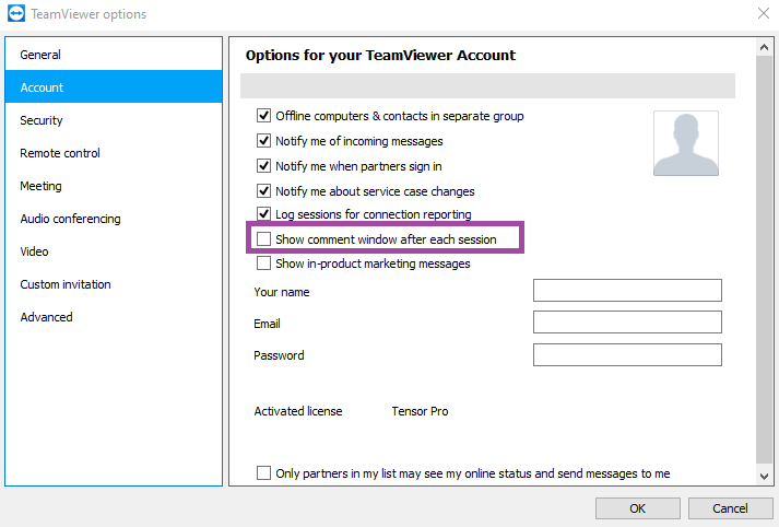 Disable Teamviewer comment window