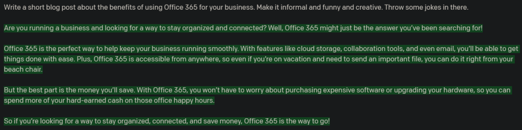 GPT 3 AI re-generated text for a blog post about using Office 365 for your business