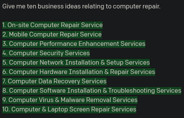 GPT 3 AI generated text for generating business ideas for a computer repair business