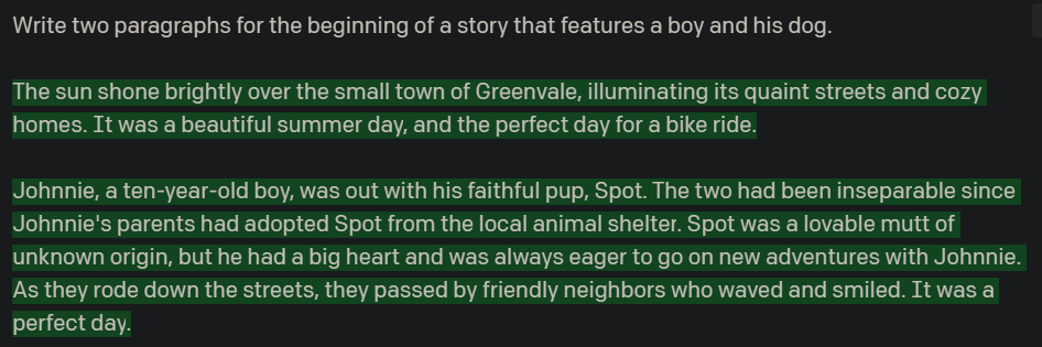 GPT 3 AI generated text for two paragraphs of the beginning of a story