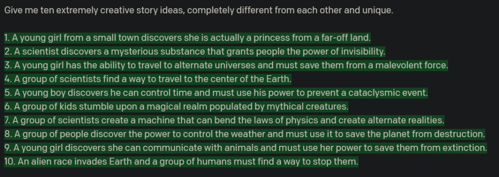 GPT 3 AI generated text for ideas for creative stories