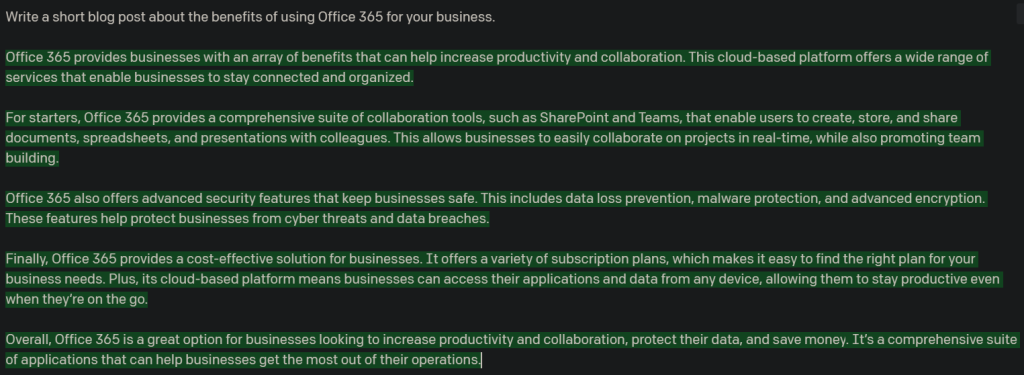GPT 3 AI generated text for using Office 365 for your business (no writing style specified)