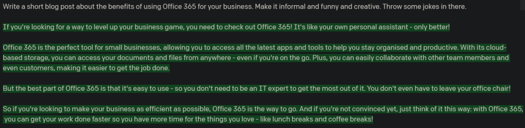 GPT 3 AI generated text for using Office 365 for your business (with a creative and funny writing style)