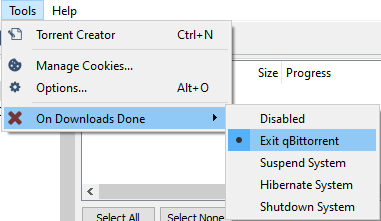 Context menu for exiting Bittorrent upon download completion